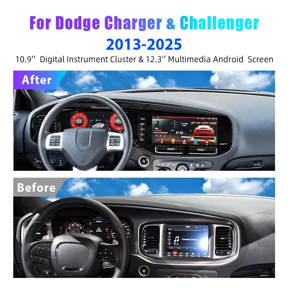 24   Dual Screen Android Car DVD Player Digital Instrument Cluster for Dod-ge Challenger Hellcat & Charger 2013-2025 Dashboard
